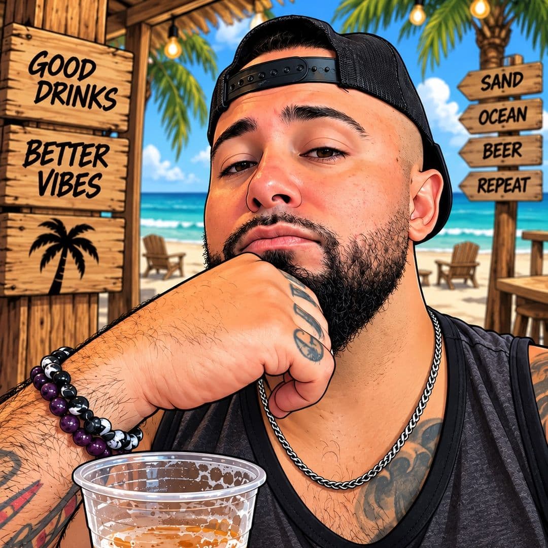 Tommy Rosario at a beach bar with the ocean behind him